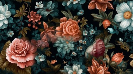 Seamless flowers on black background in dark teal and light maroon