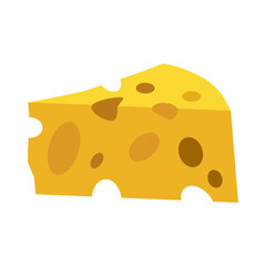 Swiss cheese illustration in flat style. Triangular piece of cheese with holes. Cheese icon for design, food apps and websites. Vector EPS 10