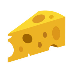 Swiss cheese illustration in flat style. Triangular piece of cheese with holes. Cheese icon for design, food apps and websites. Vector EPS 10