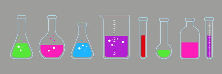 Laboratory glass equipment, test tubes and flask. Lab glassware for medical or science study vector set.