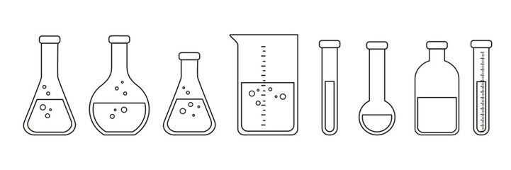 Laboratory glass equipment, test tubes and flask. Lab glassware for medical or science study vector set. - obrazy, fototapety, plakaty