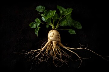 Ginseng root on dark background photography, generative ai generated