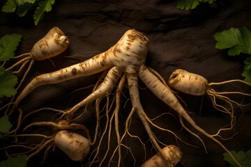 Ginseng or Panax ginseng on ground, generative ai generated