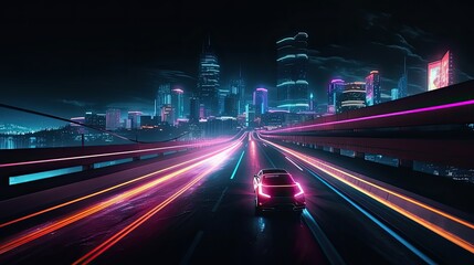 Fototapeta na wymiar Speed motion in futuristic night city. AI generated.