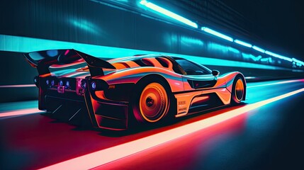 Futuristic sport car driving fast on the road. AI generated.