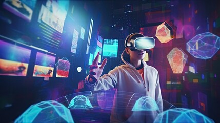 Obraz premium Person wearing VR glasses. AI generated.