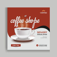 Special coffee drink menu sale promotional social media post banner template. Cafeteria advertisement concept, espresso, shop marketing square ad. Coffee cup with smoke and coffee beans