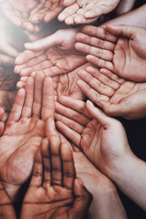 Open hands, diversity and group together with community, solidarity and support. Hunger, faith and charity hands gesture with people and poverty with crowd show palm and society and charity donation