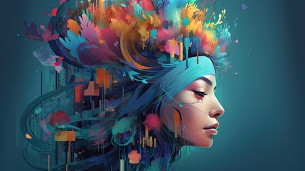 Illustration of woman face with bright abstract pattern. AI generated.