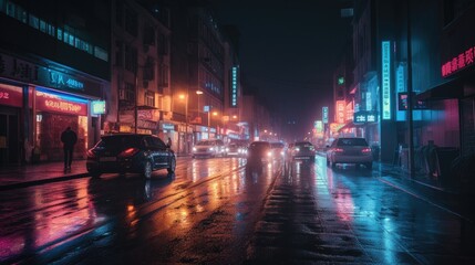 Fototapeta na wymiar Night city with neon lights. AI generated.