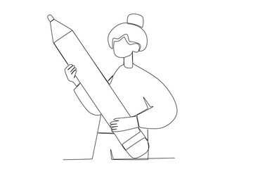 A woman holding a large pencil. World youth skill day one-line drawing
