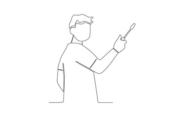 A man holding a screwdriver. World youth skill day one-line drawing