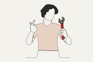 Color illustration of a man posing with a wrench. World youth skill day one-line drawing