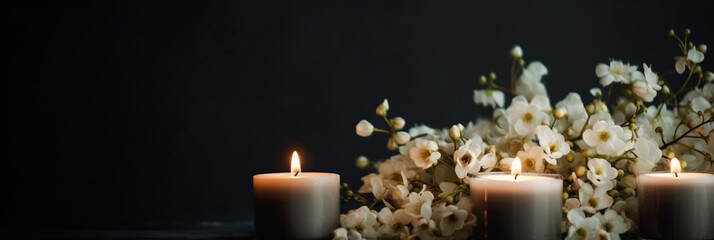 Burning candles and white flowers on black background. AI generative