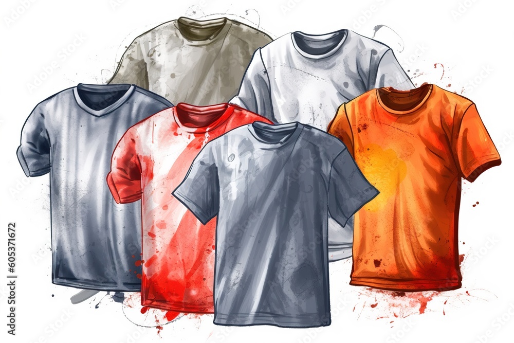 Poster drawing of colored t-shirts isolated on white background. generated by ai.
