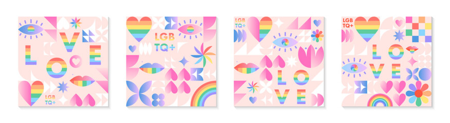 Pride month pattern templates.LGBTQ+ community vector illustrations in bauhaus style with geometric elements and rainbow lgbt symbols.Human rights movement concept.Gay parade.Colorful cover designs.