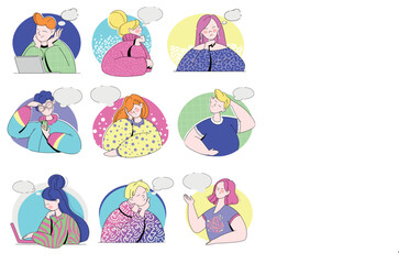 Young Man and Woman Thinking with Empty Thought Bubble Vector Set