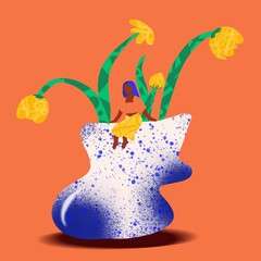 Graphic geometric digital illustration - Flowers and woman sitting - Design vessel (1:1)