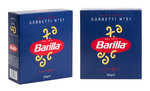 Munich, 05.22.2023: box of Italian Barilla short "Gobbetti" noodles / pasta isolated over a transparent background, classics series, cut-out original packaging, front view and in an angle