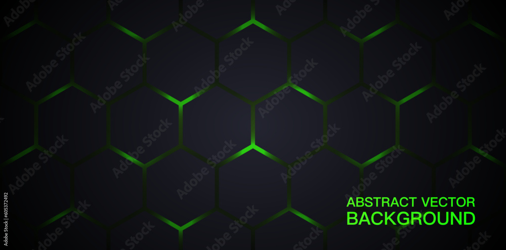 Poster dark green and black horizontal hexagonal technology abstract vector background. a futuristic wide b