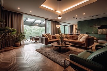 Obraz na płótnie Canvas Wide angle view of spacious and modern contemporary living room in villa interior decor using generative AI