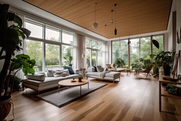 Fototapeta premium Living room interior decor in bungalow residence at day using generative AI