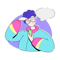 Young Man in Glasses Thinking with Empty Thought Bubble Holding Smartphone Vector Illustration