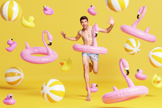 Creative poster banner advertisement collage of funny young guy run fast for water activity swimming with toy bird shape buoy