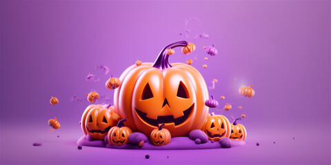 cartoon illustration with halloween pumpkin on purple background with copy space, ai generated