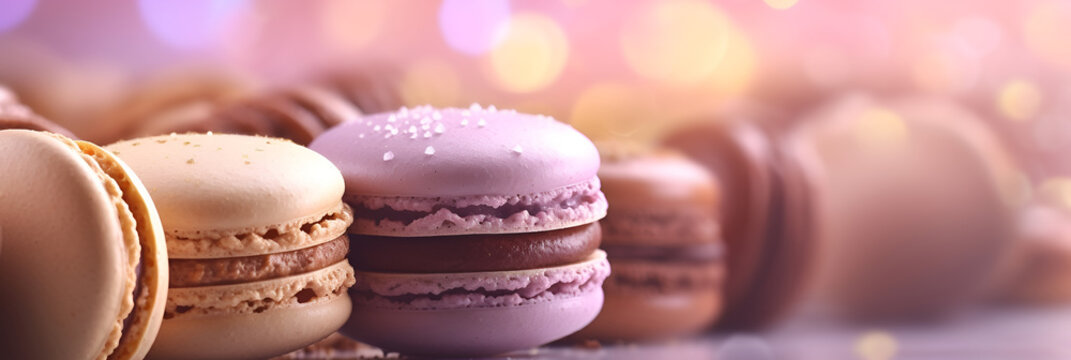 Colorful macarons dessert with bokeh and sparkles. Candy bar. AI generative