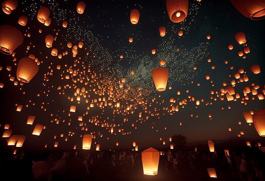 Sky littered with sky lanterns. .Generative AI
