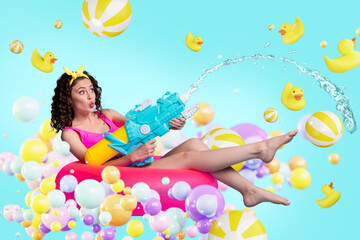 Fototapeta premium Poster creative banner collage of funny girl have fun enjoying summer holiday weekend fighting with water gun on poolside