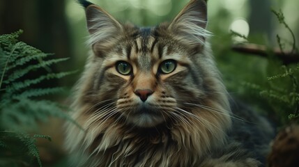 Naklejka na ściany i meble big majestic brown norwegian forest cat posing in a green forest in the afternoon - Generative AI