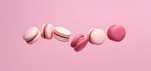 Banner with flying pink macarons dessert on pink background. Candy bar. AI generative
