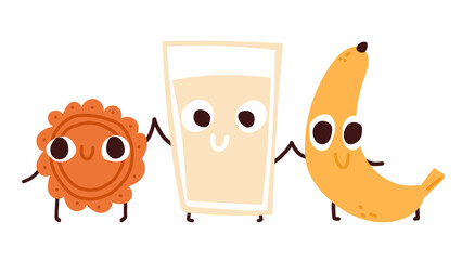 Kids breakfast illustration. Funny cute cookie, milk and banana  characters.
