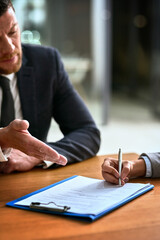 Documents, signature and business man in partner deal, legal advice and attorney paperwork, law...