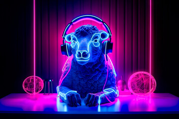 Creative Generative AI illustration of goat with bright neon illumination listening to music in headphones in dark nightclub