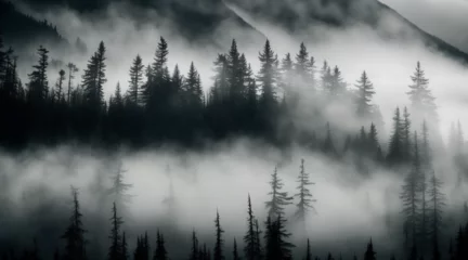 Velvet curtains Forest in fog large mountain fully covered in trees and greenery