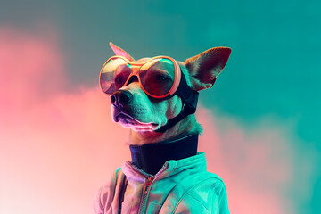 Generative AI colorful illustration of fantasy dog character in sunglasses and leather jacket looking away against pink and turquoise background