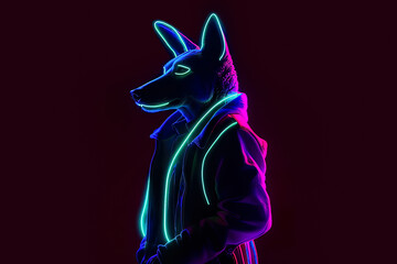 Generative AI illustration of dog in green neon light of futuristic in cozy trendy outfit looking away while standing against black background