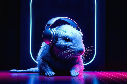 Generative AI illustration of rat listening to music in modern wireless headphones and looking away in dark neon studio