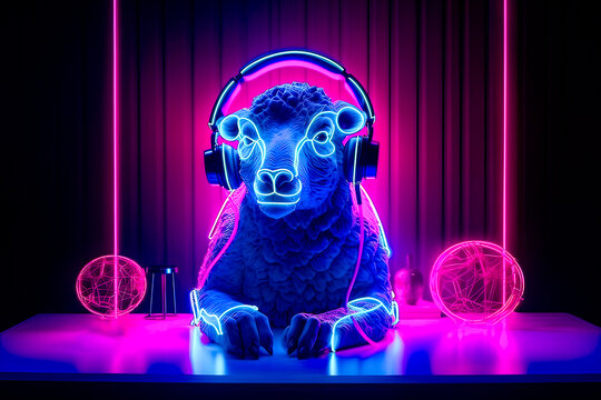Creative Generative AI illustration of goat with bright neon illumination listening to music in headphones in dark nightclub