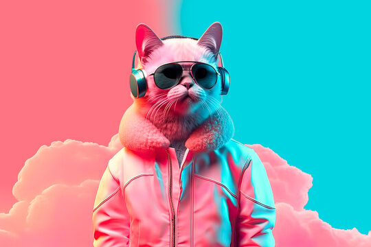 Generative AI illustration of fantasy character with cat head in sunglasses and headphones wearing white jacket listening to music against pink and blue background