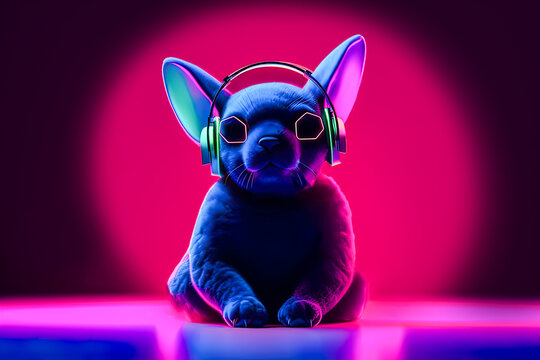 Generative AI Creative illustration of adorable fluffy cat with large ears in trendy sunglasses listening to music in headphones against pink background in neon illumination