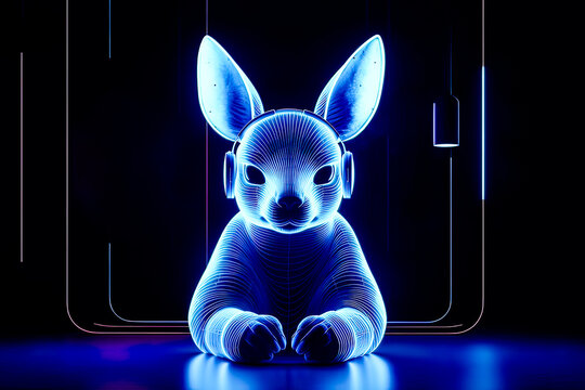 Generative AI futuristic illustration of rabbit character with earphones in neon blue color looking at camera and listening to favorite against black background