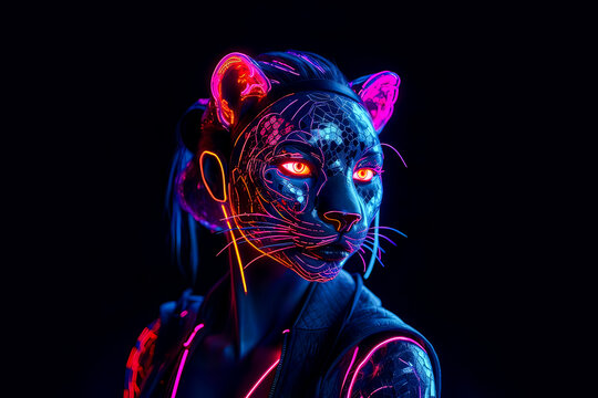 Generative AI illustration of female fantasy character with human body and panther head in neon pink lights