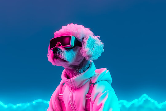 Generative AI futuristic illustration of petfluencer character Maltese Poodle dog in VR goggles illuminated with pink light against neon blue background