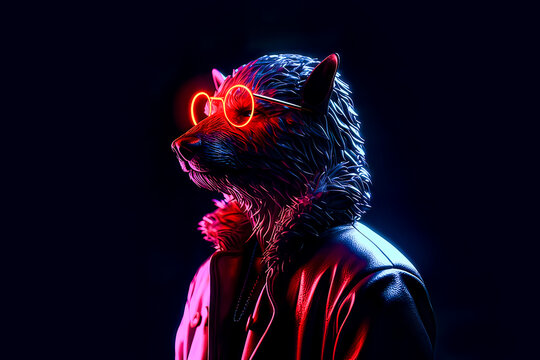 Generative AI illustration with side view of futuristic hairy dog in trendy leather jacket and glowing orange neon glasses standing in dark room