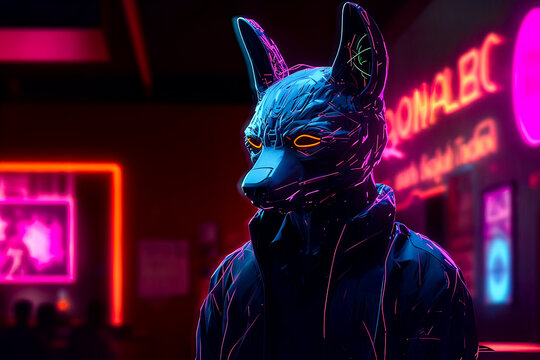 Generative AI illustration of futuristic cyberpunk fox in black leather jacket with flashes looking down while standing in dark room