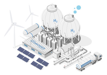 Green hydrogen simple power plant concept with solar cell and wind turbine energy for h2 semi truck transporter ecology powerhouse electricity isometric isolated